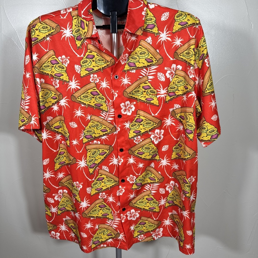 Funny Guy FG Floral Hawaiian Pizza Red Collared Button Down Shirt Men's XL